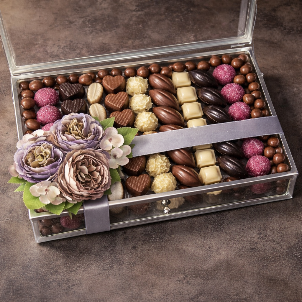 Şık çikolata ve çiçek düzeni